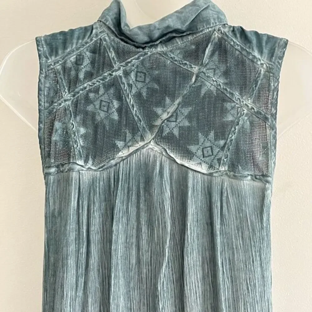 Free People Sleeveless Crinkle Cotton Tunic Top Size XS Teal Western Hippie Chic